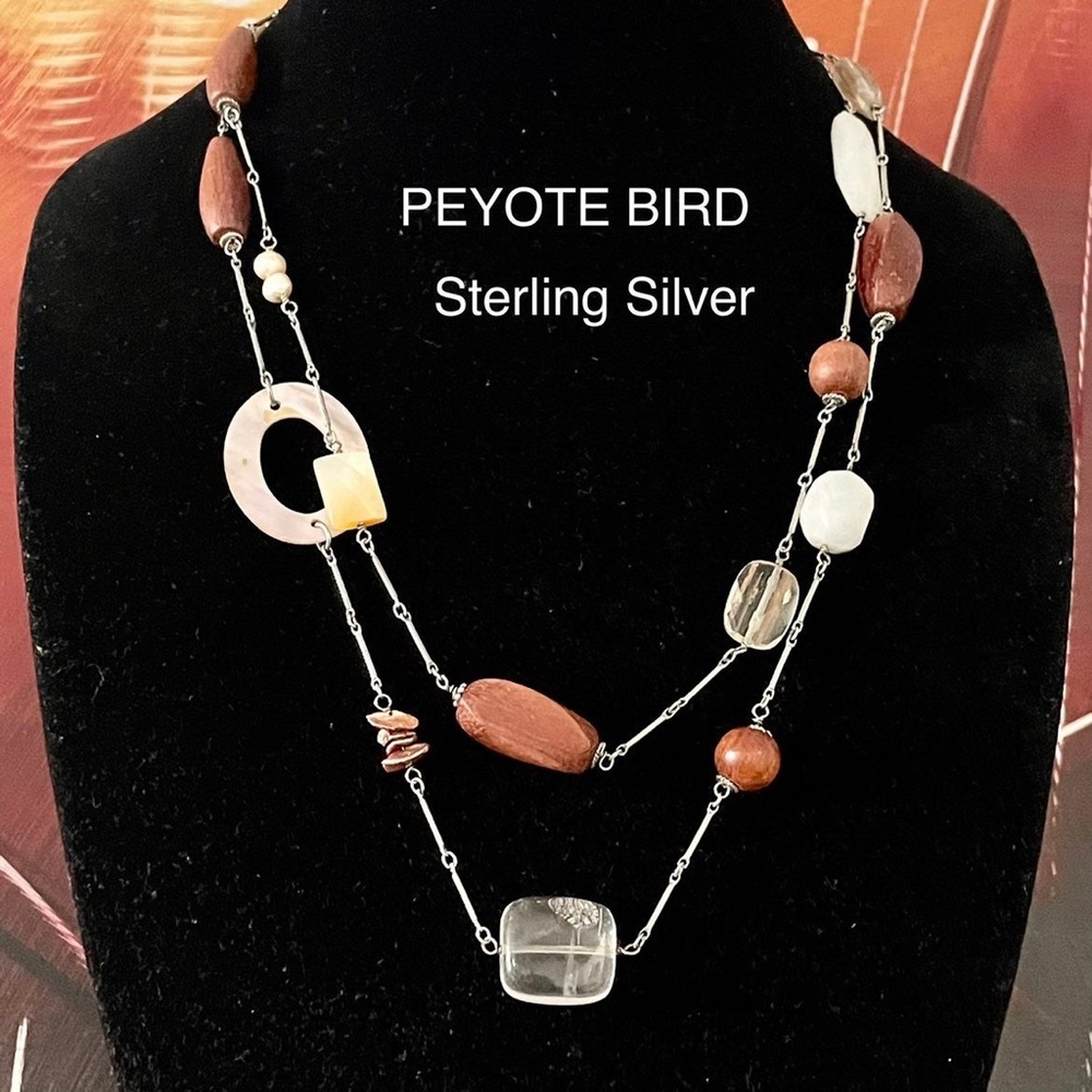 PEYOTE BIRD NECKLACE SANTE FE MULTI GEMSTONE LONG SHELL WOOD STERLING SILVER
